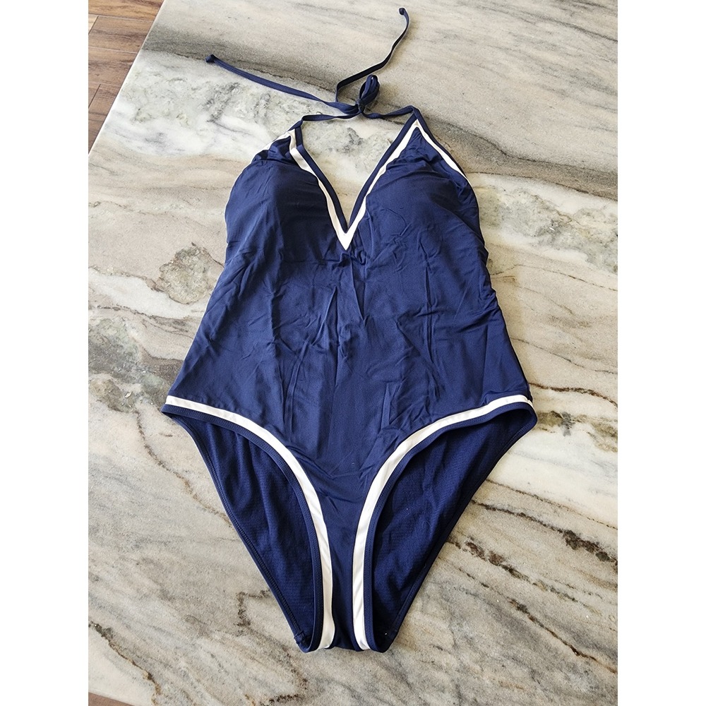 Afriel & Tabbris Navy Blue White‎ Trim V-Neck Halter One Piece Swimsuit US 8